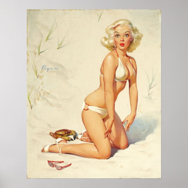 Auf dem Beach Retro Button-up Girl Poster (Vorne)