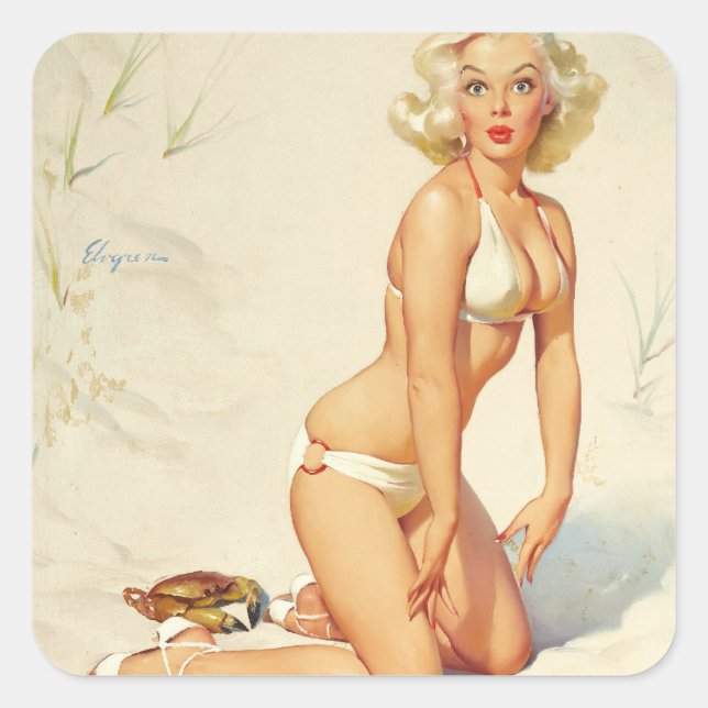 Auf dem Beach Retro Button-up Girl Quadratischer Aufkleber (Vorderseite)