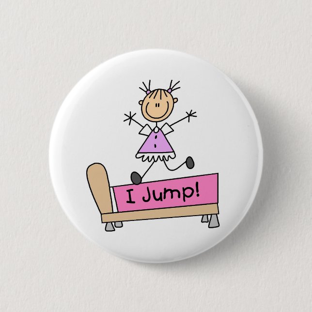 Auf dem Bett springende Stabfigur Mädchen Button (Vorderseite)