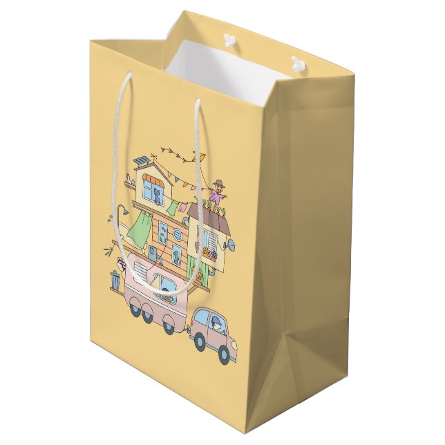 Auf dem Gelben Straßenanhänger für das Camping der Mittlere Geschenktüte (Rückseite Schrägansicht)