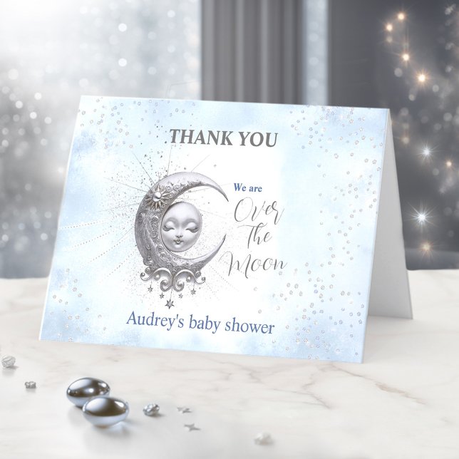 Auf dem Mond Blue Boy Baby Dusche Danke Karte (Over The Moon Blue Boy Baby Shower Thank You Card)