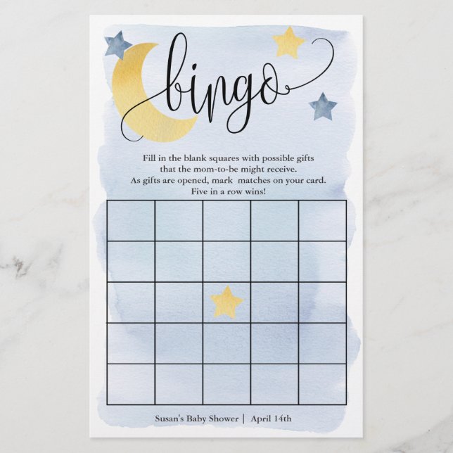 Auf dem Mond, Blue Stars Bingo Paper Game Card Flyer (Vorne)