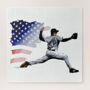Auf dem Mound - Baseballwerfer und USA-Flagge