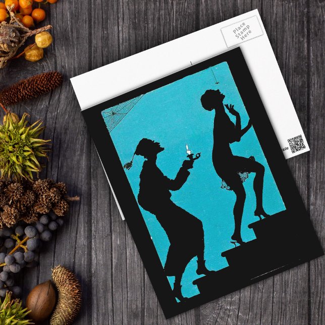 Auf der spöttischen Postkarte (Spooky couple in black silhouette on stairs with candle spiders on deep aqua and black postcard.)