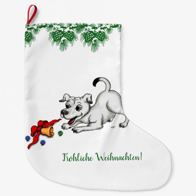auf Deutsch Weihnachten mit Welpe Glocke und Ball Großer Weihnachtsstrumpf (Vorderseite)