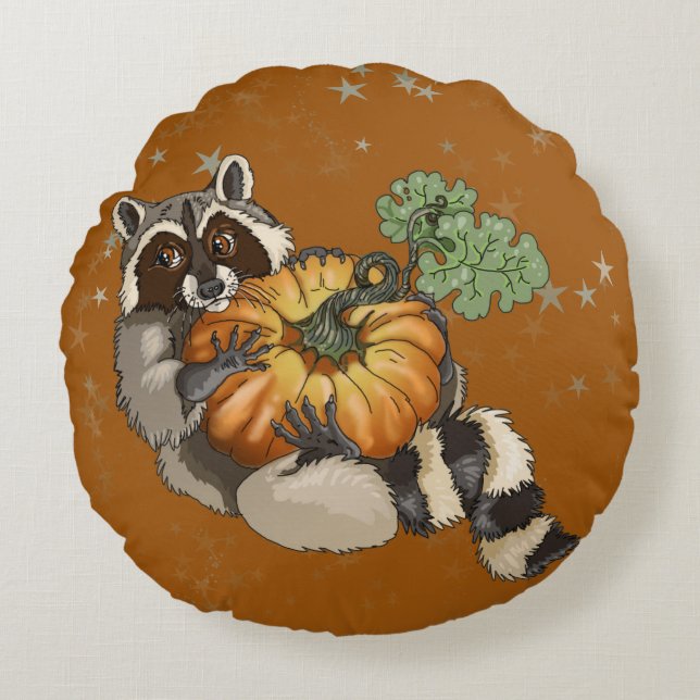 Auf einem Roll Raccoon Pumpkin Herbst Rundes Kissen (Vorderseite)