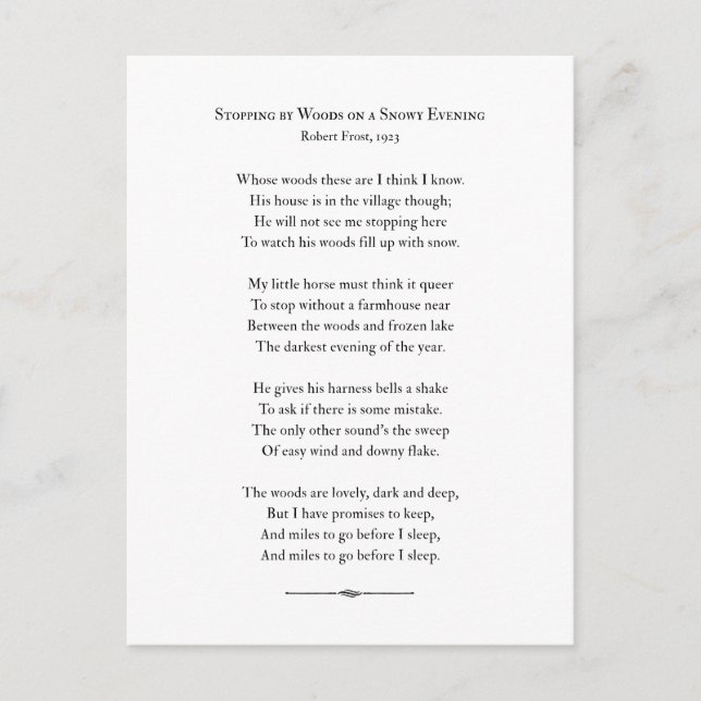 Auf einem schneebedeckten Abend, Robert Frost Postkarte (Vorderseite)