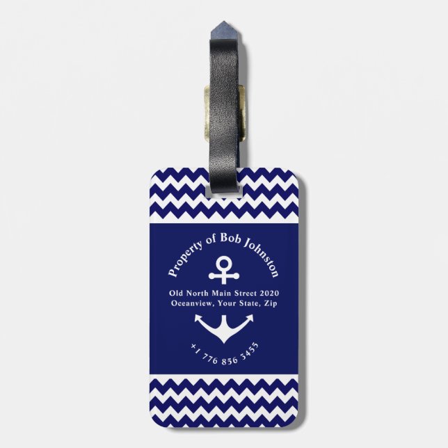 Auf einer Kreuzfahrt Navy Blue Nautical Anchor Lug Gepäckanhänger (Rückseite vertikal)