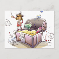 Auf einer Schatztruhe stehende weibliche Pirate