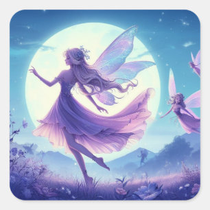 Auf einer sonnigen Wiese tanzen Fairies. Quadratischer Aufkleber