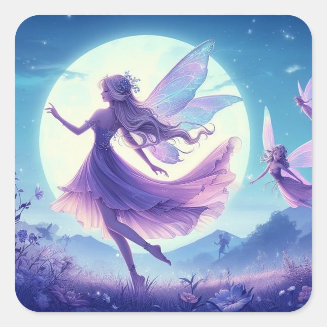 Auf einer sonnigen Wiese tanzen Fairies. Quadratischer Aufkleber (Vorderseite)