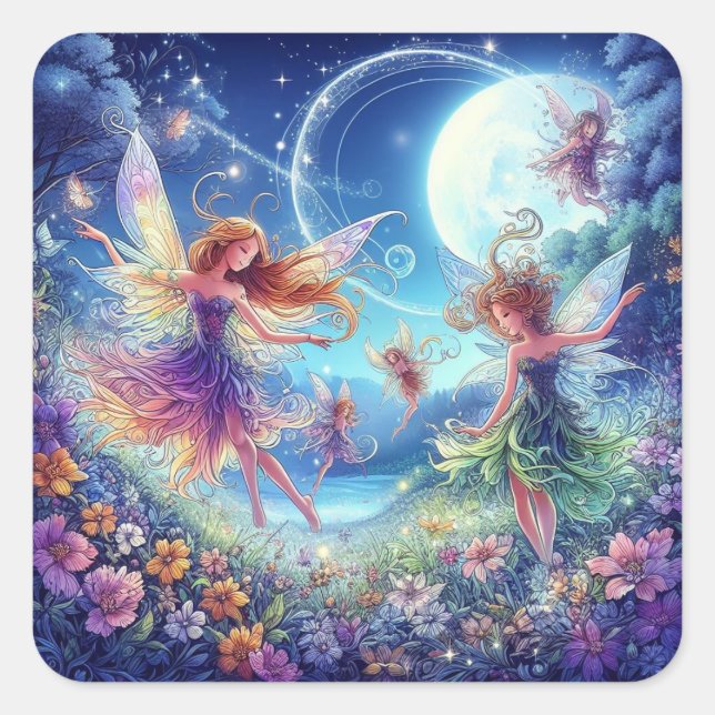 Auf einer sonnigen Wiese tanzen Fairies. Quadratischer Aufkleber (Vorderseite)