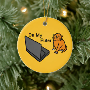 Auf meinem Computer Lustiges Orange Katze Meme Keramik Ornament