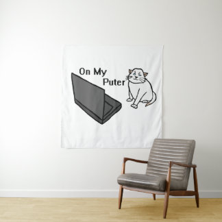 Auf meinem lustigen Computer Weiße Katzen-Meme Wandteppich