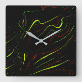 Auf schwarzem Fond zeigen sich die grünen und rote Quadratische Wanduhr
