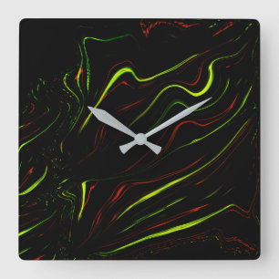 Auf schwarzem Fond zeigen sich die grünen und rote Quadratische Wanduhr