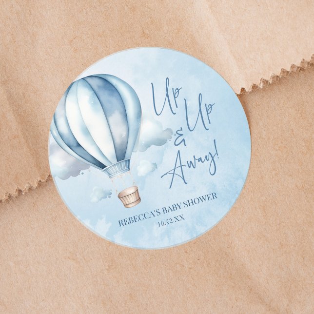 Auf und ab! Blue Hot Air Balloon Baby Dusche Runder Aufkleber (Von Creator hochgeladen)
