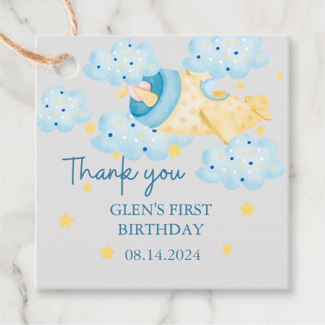 Auf und ab Gelb Graues Flugzeug Danke Geschenkanhänger (Vorderseite)