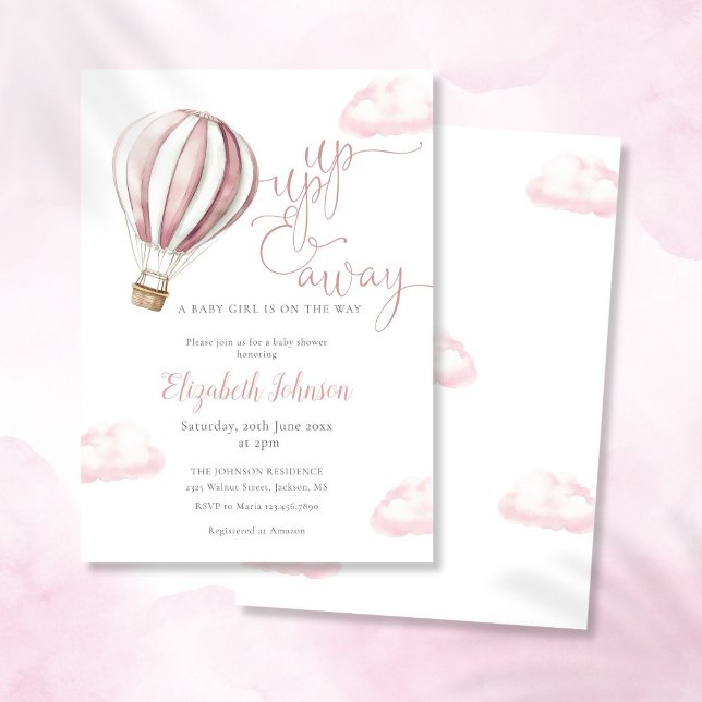 Auf und ab Girl Pink Hot Air Ballon Babydusche Einladung (Up And Away Girl Pink Hot Air Balloon Baby Shower Invitation)