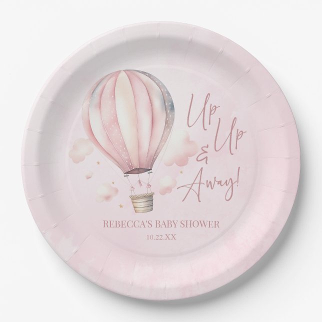 Auf und ab! Pink Hot Air Ballon Babydusche Pappteller (Vorderseite)