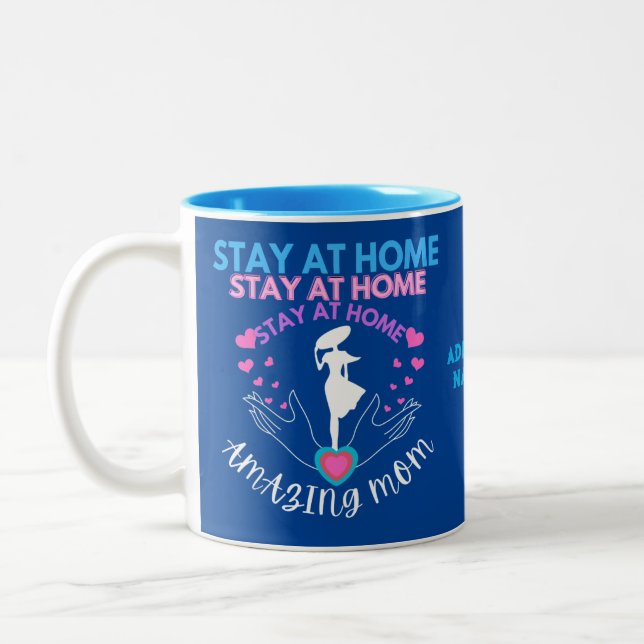 Auf Zuhause Mama Bleibe Mutter Ehefrau Blau Modern Zweifarbige Tasse (Links)