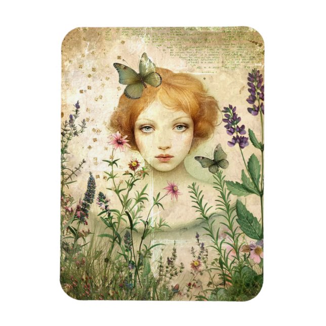 Auf Zuhause unter den Blume Mixed Media Collage Magnet (Vertikal)