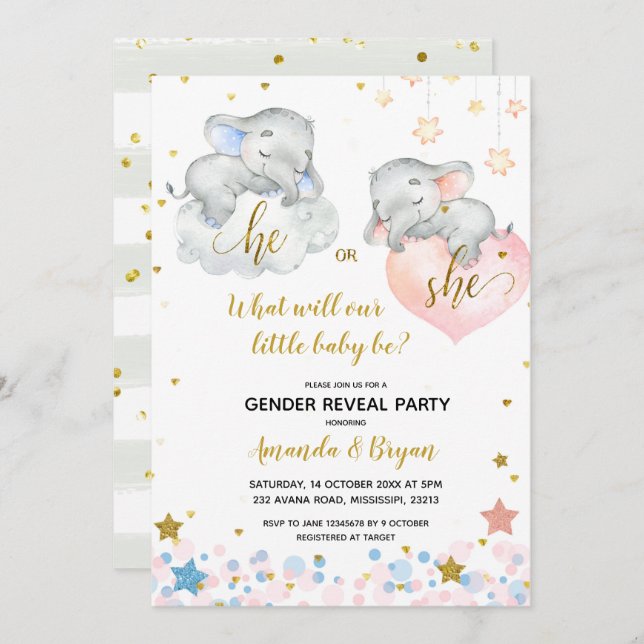 Aufdeckung der Elephant Baby Shower Einladung (Vorne/Hinten)