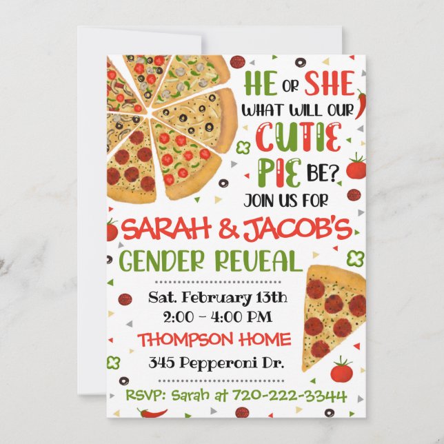 Aufdeckung der Pizzageschlechtsspezifischen Einlad Einladung (Vorderseite)