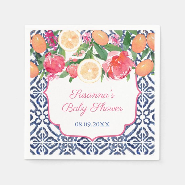 Auffallend Florals Citrus Blue Tiles Brautparty Serviette (Vorderseite)