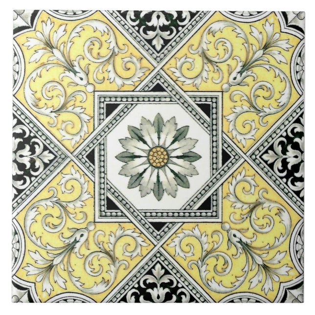 Auffallend Gelb-Schwarz-Repro-Transferware Fliese (Vorderseite)