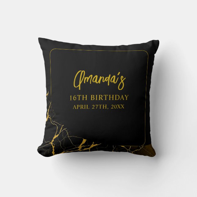 Auffallend Schwarz & Gold Marmor Sweet 16 Geburtst Kissen (Vorderseite)