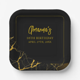 Auffallend Schwarz & Gold Marmor Sweet 16 Geburtst Pappteller