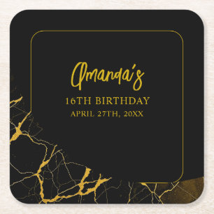Auffallend Schwarz & Gold Marmor Sweet 16 Geburtst Rechteckiger Pappuntersetzer