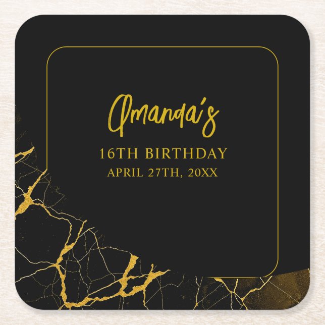 Auffallend Schwarz & Gold Marmor Sweet 16 Geburtst Rechteckiger Pappuntersetzer (Vorderseite)