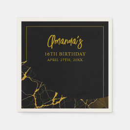Auffallend Schwarz & Gold Marmor Sweet 16 Geburtst Serviette