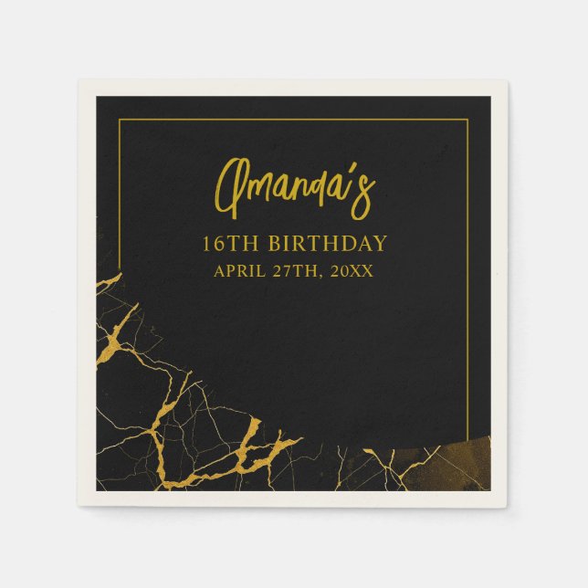 Auffallend Schwarz & Gold Marmor Sweet 16 Geburtst Serviette (Vorderseite)