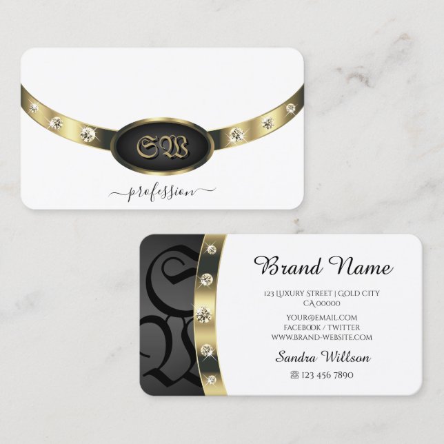 Auffallende Gold Black and White Monogram Diamonds Visitenkarte (Vorne/Hinten)