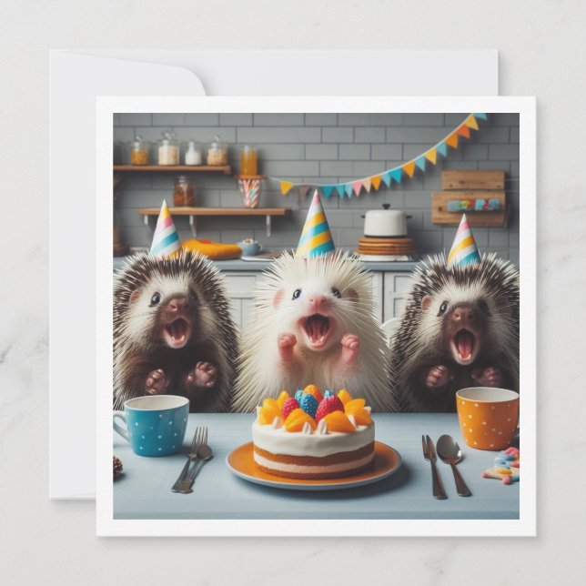 Aufgeregte Stacheln zum Geburtstag mit Kuchen Einladung (Vorderseite)