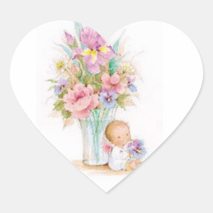 Aufkleber-Baby Engel, der durch einen Blumen-Vase Herz-Aufkleber