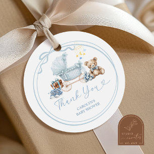 Aufkleber Danke Blaue Bogen-Kinderwagen-Baby-Party