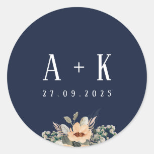 Aufkleber, Elegantes, florales, blaues Monogramm Runder Aufkleber