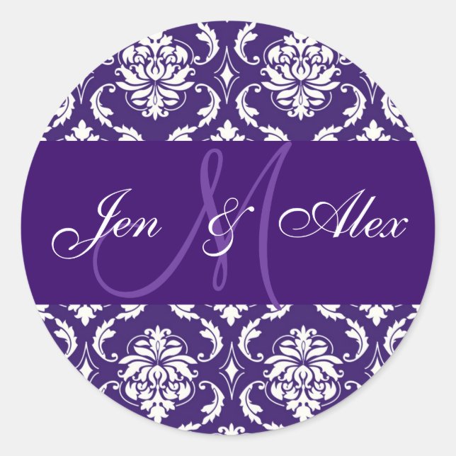 Aufkleber für das Hochzeitmonogramm Lila Damast (Vorderseite)
