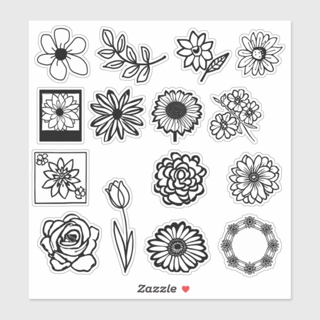 Aufkleber für die handgezeichnete Blume | Schwarz  (Blatt)