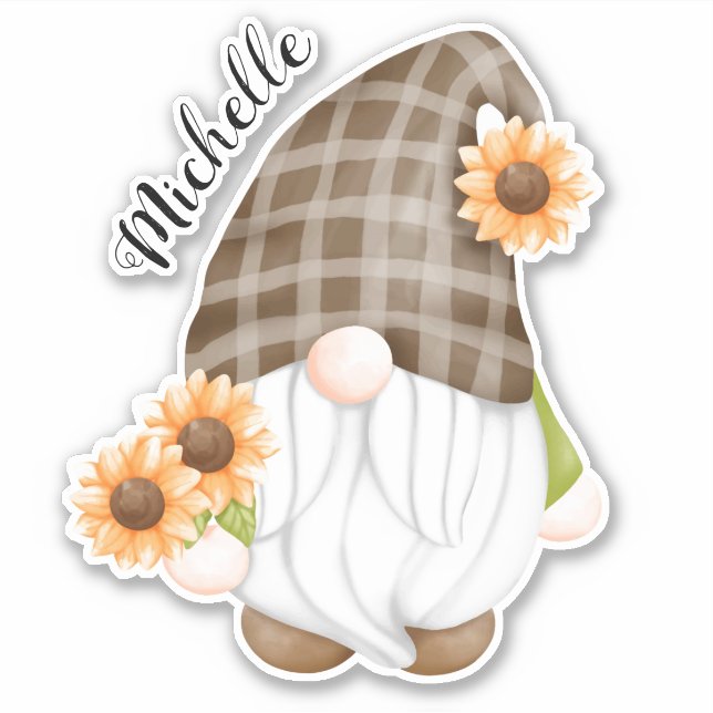 Aufkleber für niedliche Gnome und Sonnenblumen (Vorderseite)