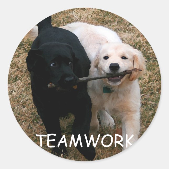 Aufkleber für Schwarz-Weiß-Welpen "Teamwork" (Vorderseite)