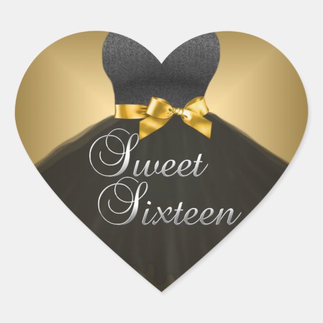 Aufkleber Herz Sweet 16 Sechzehn Gold Schwarz Klei (Vorderseite)