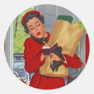 Aufkleber-moderne Retro Dame u. Leben im Burbs Runder Aufkleber