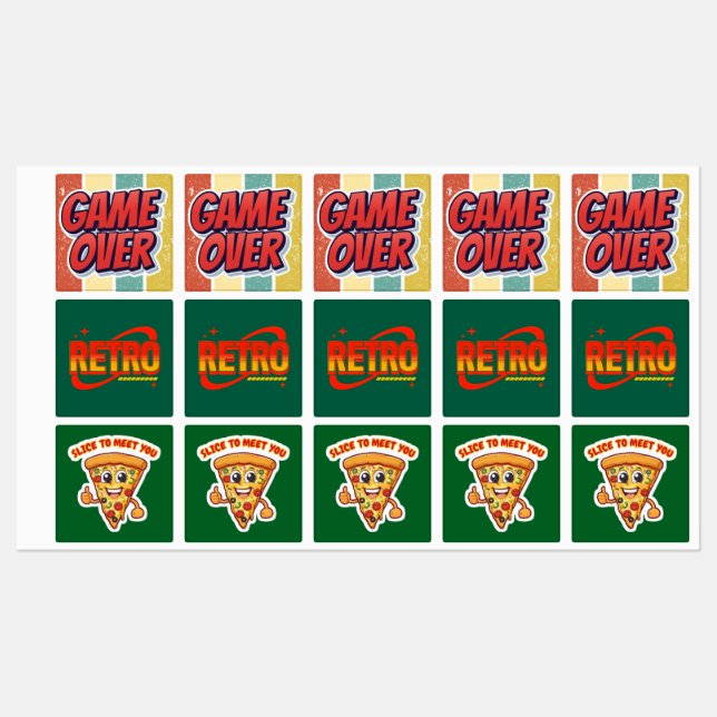 Aufkleber. Retro. Pizza. Spiel vorbei. Etiketten (Blatt)