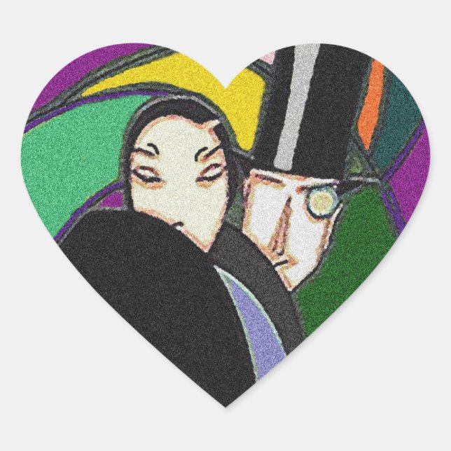 Aufkleber Vintag Art Deco Paar in Liebe Herz (Vorderseite)