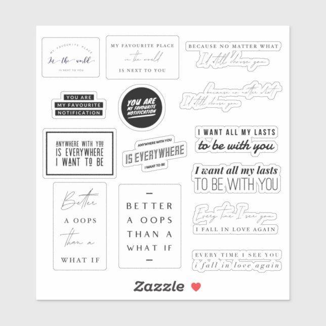 Auflistung romantischer Liebe Zitate Stickers Aufkleber (Blatt)
